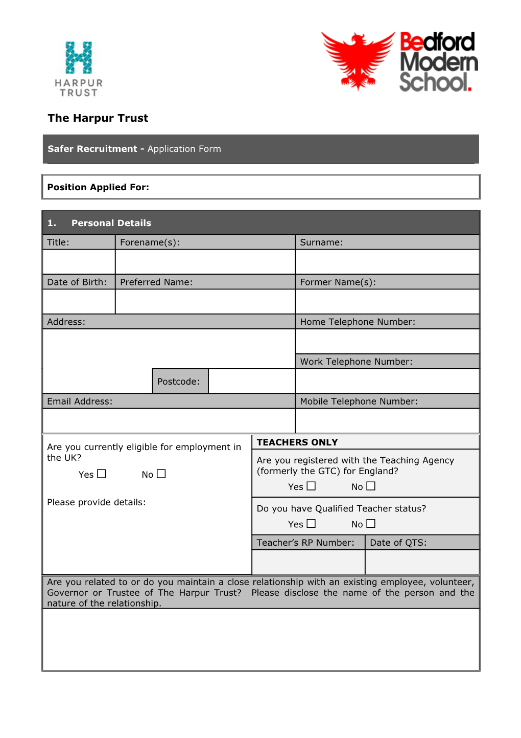 Education Team: Safer Recruitment Pack: Application Form V3.4 Jan-10