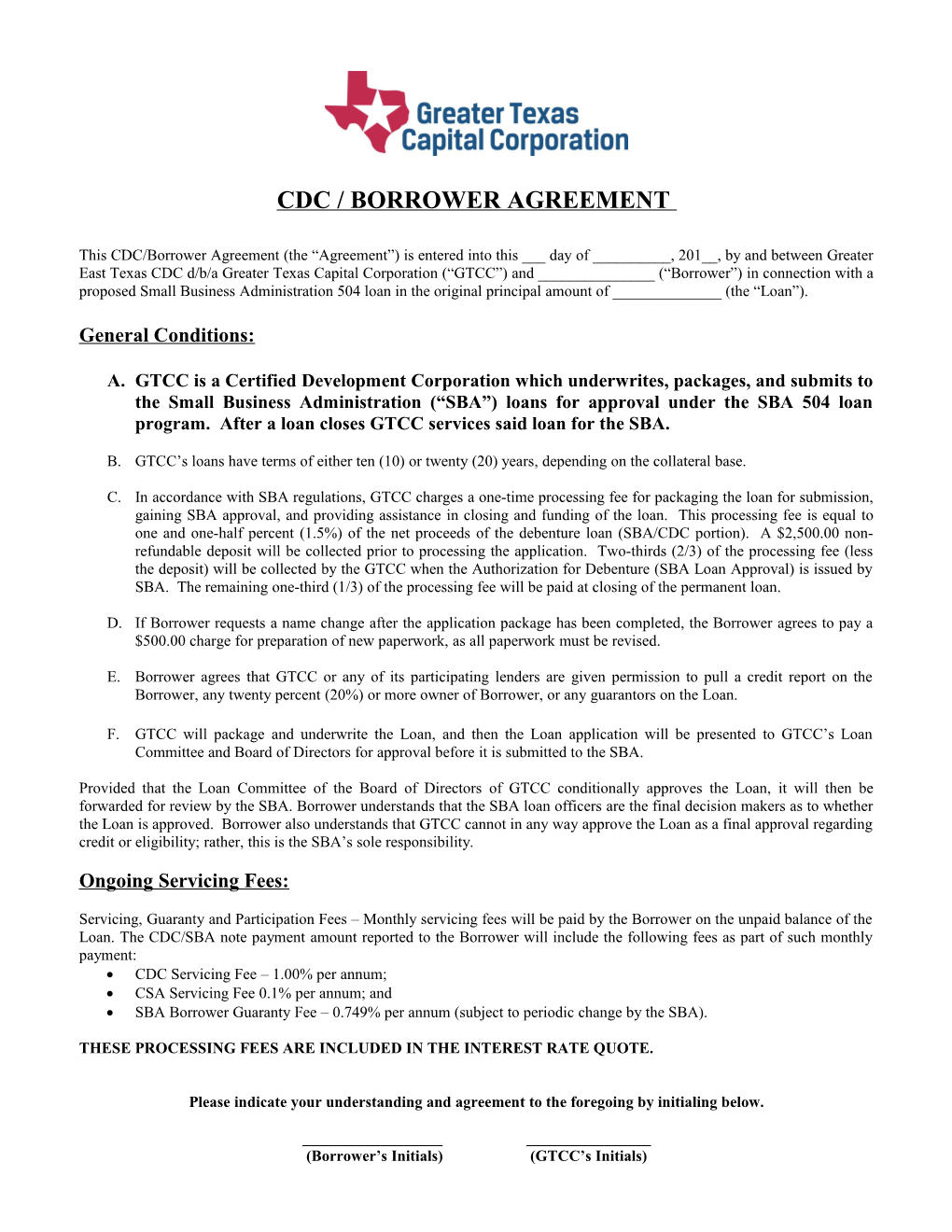 Cdc / Borrower Agreement