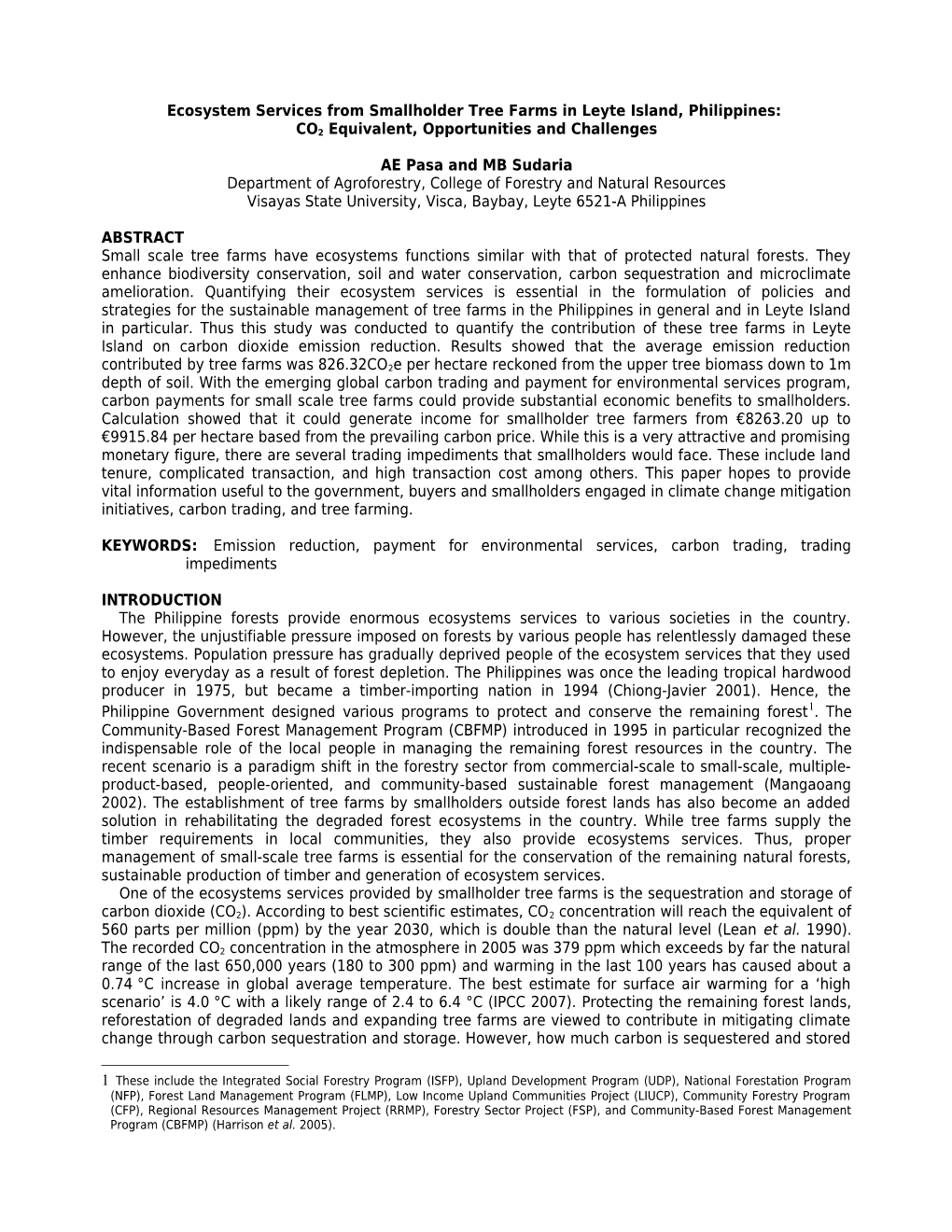 Ecosystem Services and Livelihood Opportunities in Smallholder Tree Farms in Leyte Island