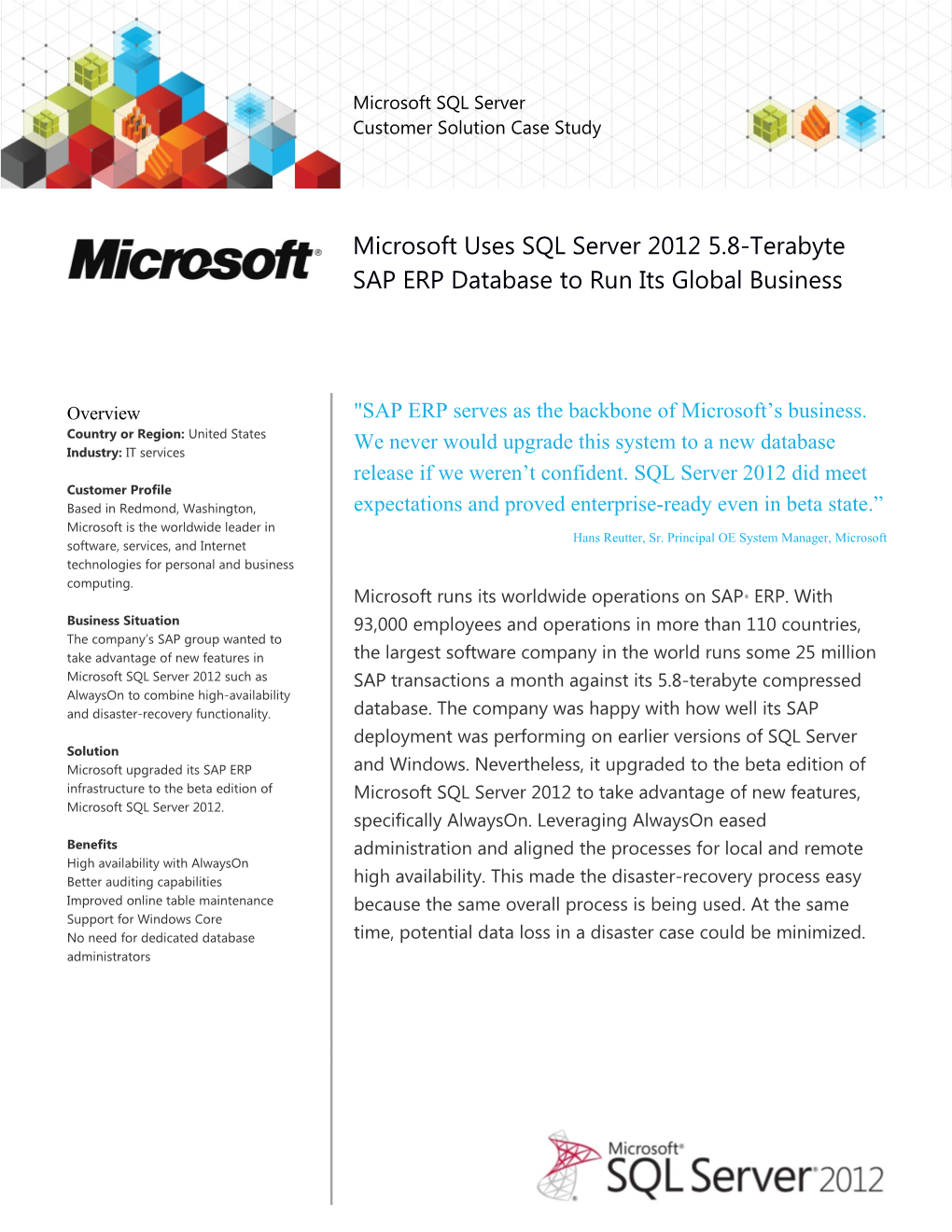 Microsoft Uses SQL Server 2012 5.8-Terabyte SAP ERP Database to Run Its Global Business