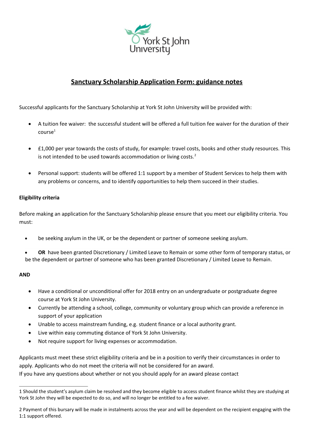 Sanctuary Scholarship Application Form: Guidance Notes