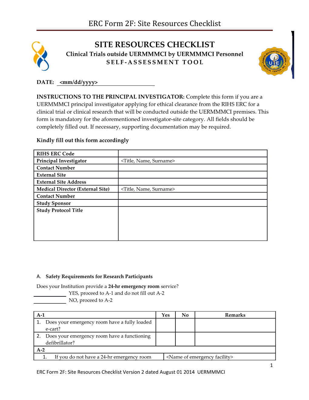 ERC Form 2F: Site Resources Checklist