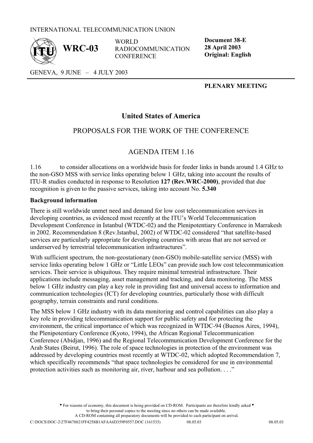 Proposals for the Work of the Conference: Agenda Item 1.16