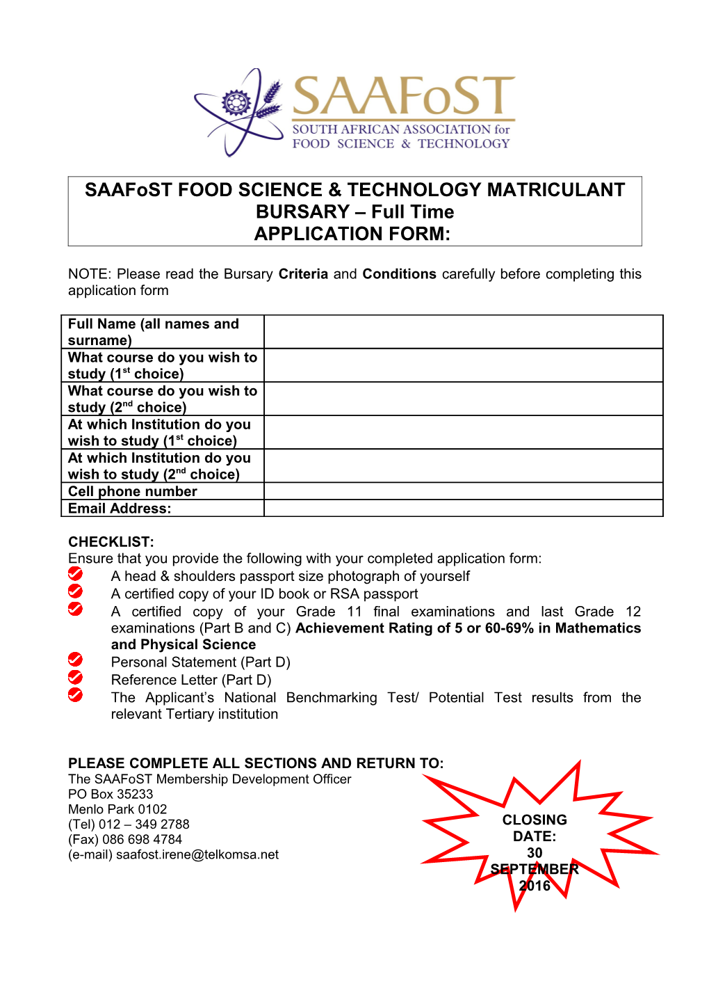 Saafost BURSARY CRITERIA for MATRICULANTS