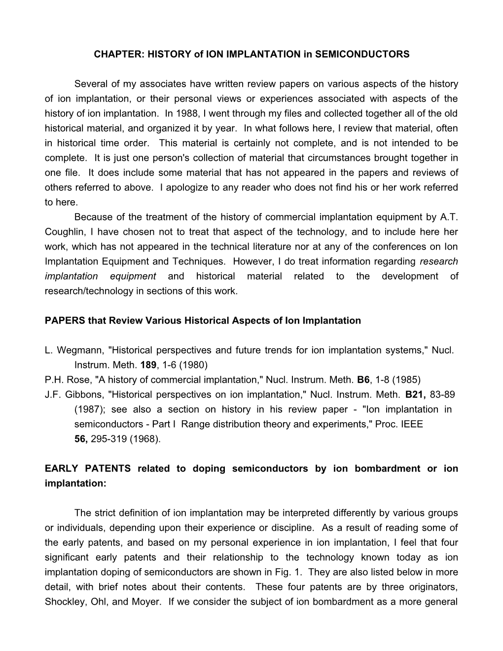 CHAPTER: HISTORY of ION IMPLANTATION in SEMICONDUCTORS