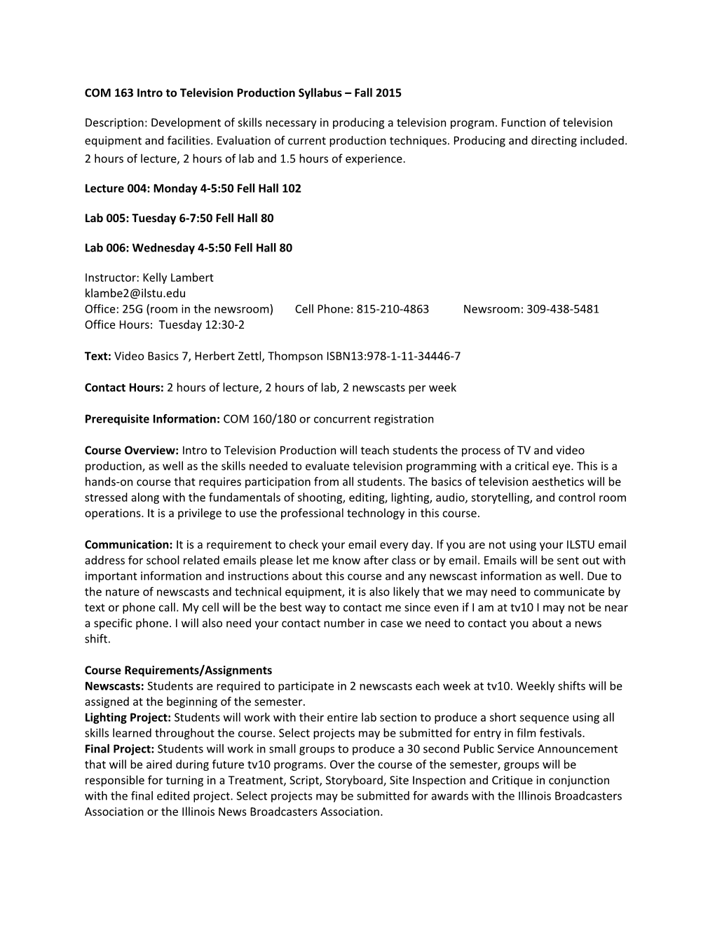 COM 163 Intro to Television Production Syllabus Fall 2015