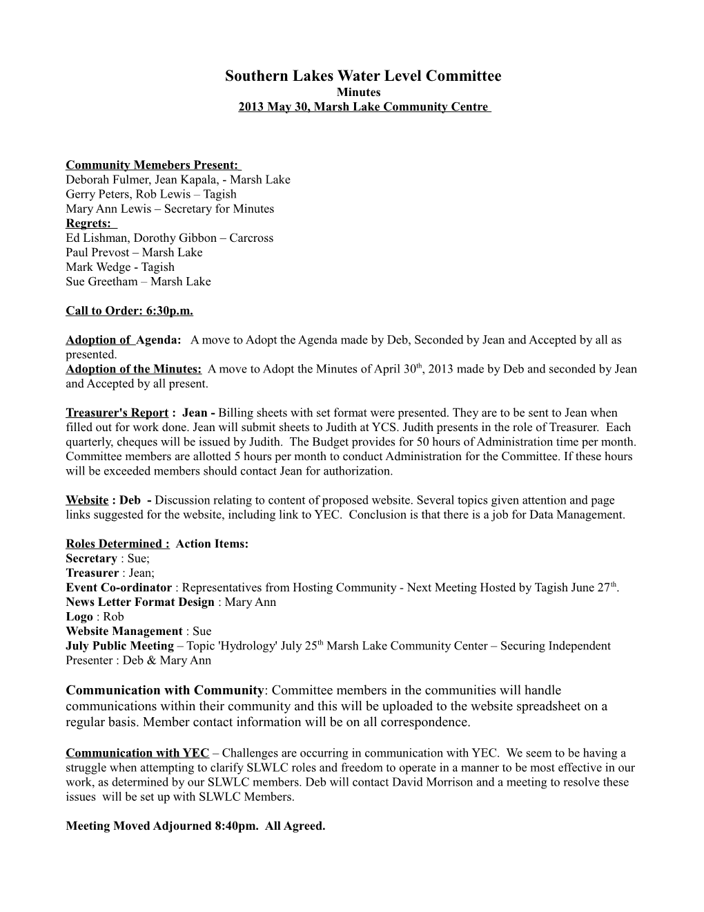 Southern Lakes Water Level Committee