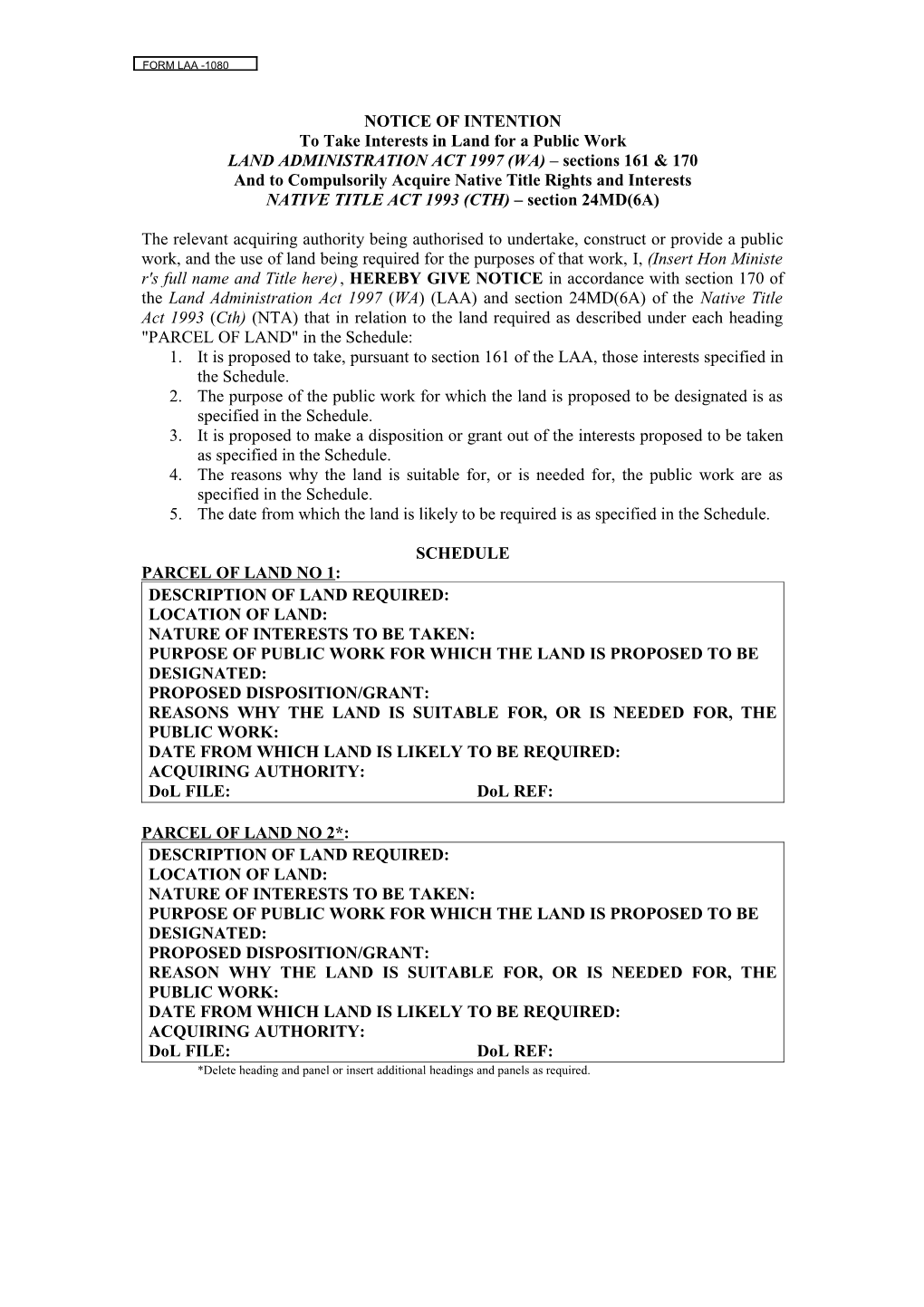 LAA Form 1080 Notice of Intention to Take Interests in Land for a Public Work (Sections