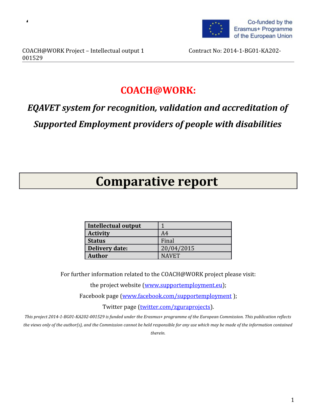 COACH WORK Project Intellectual Output 1 Contract No: 2014-1-BG01-KA202-001529