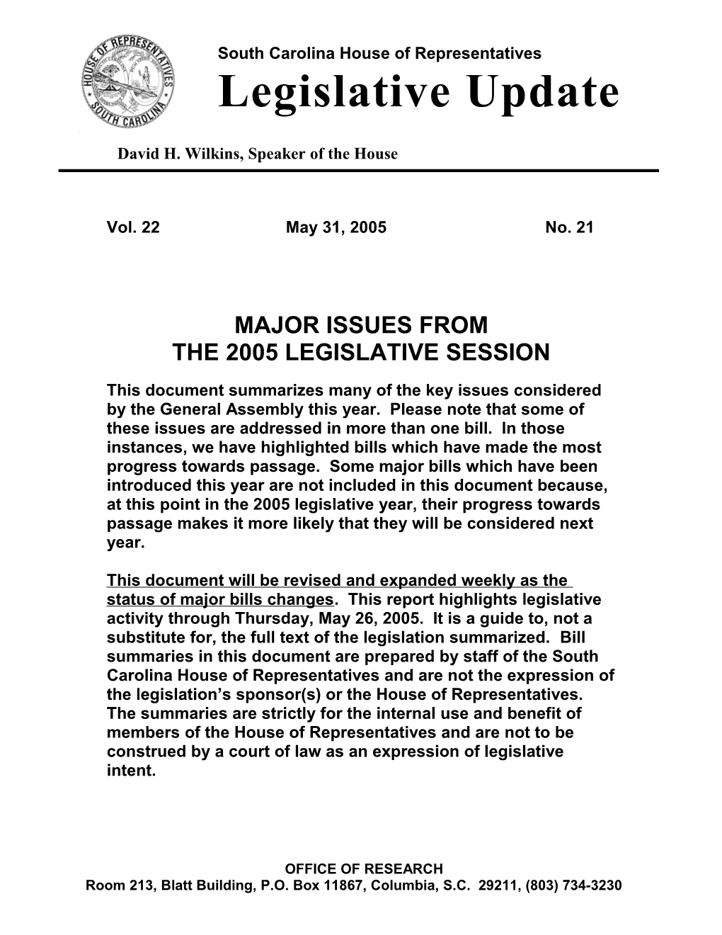 Legislative Update - Vol. 22 No. 21 May 31, 2005 - South Carolina Legislature Online