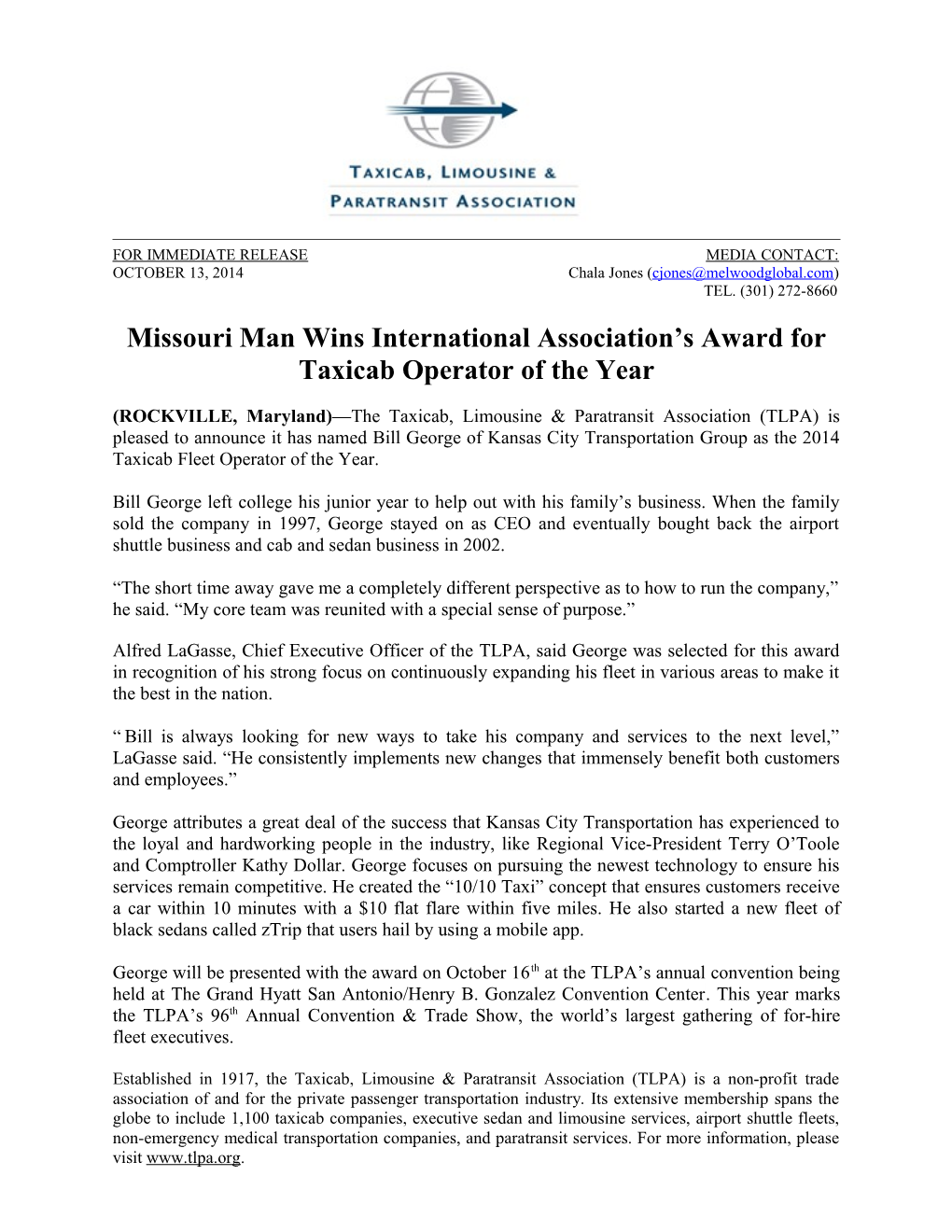 Missouri Man Wins International Association S Award for Taxicab Operator of the Year