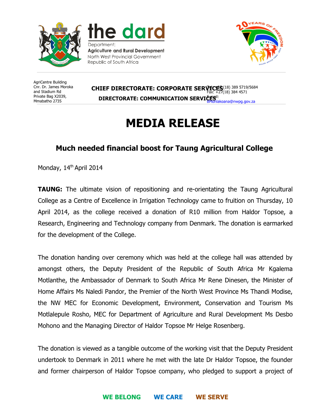 Much Needed Financial Boost for Taung Agricultural College