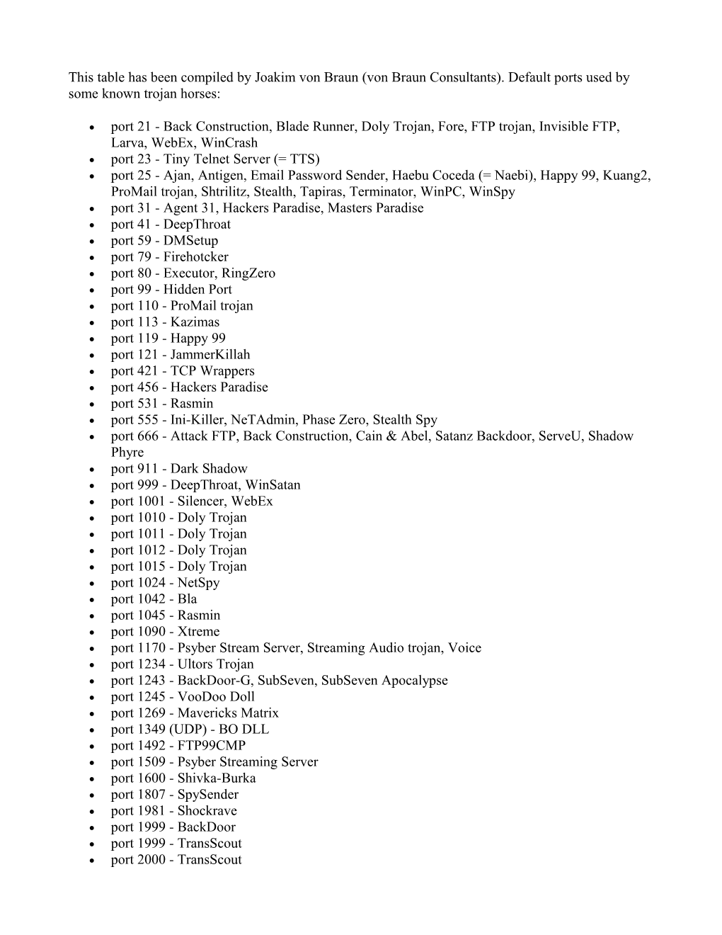 This Table Has Been Compiled by Joakim Von Braun (Von Braun Consultants)