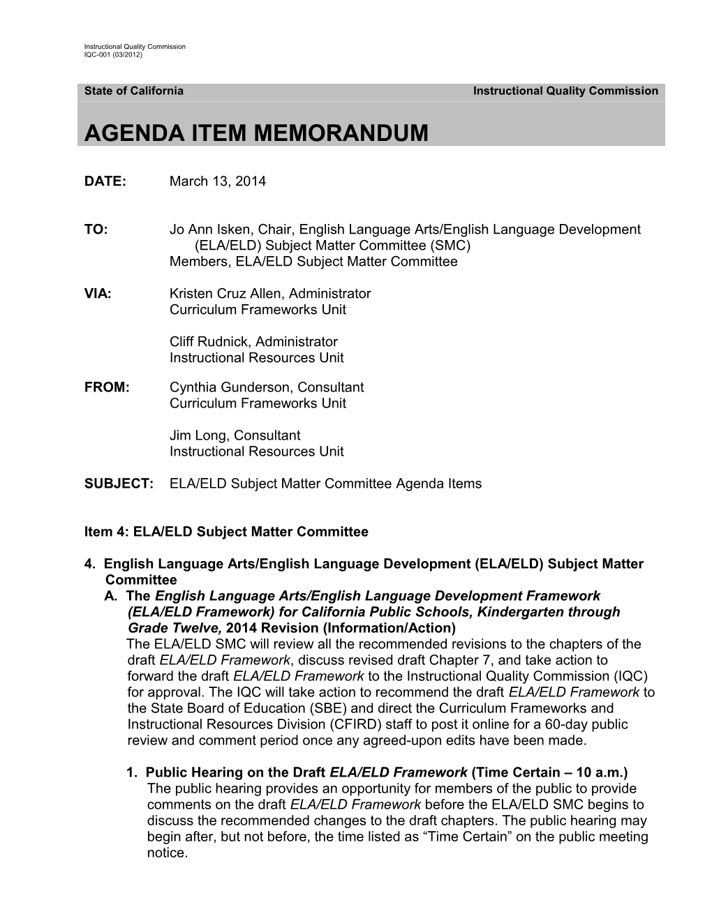 ELA-ELD SMC Memo 2014 - Instructional Quality Commission (CA Dept of Education)