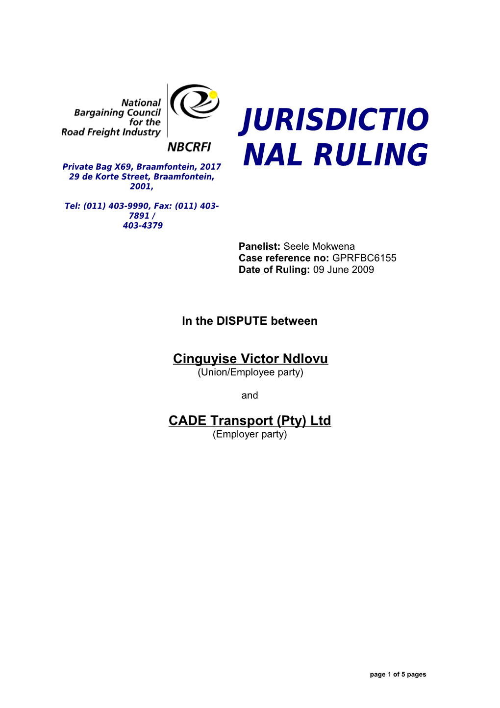 JURISDICTIONAL RULING CADE Transport