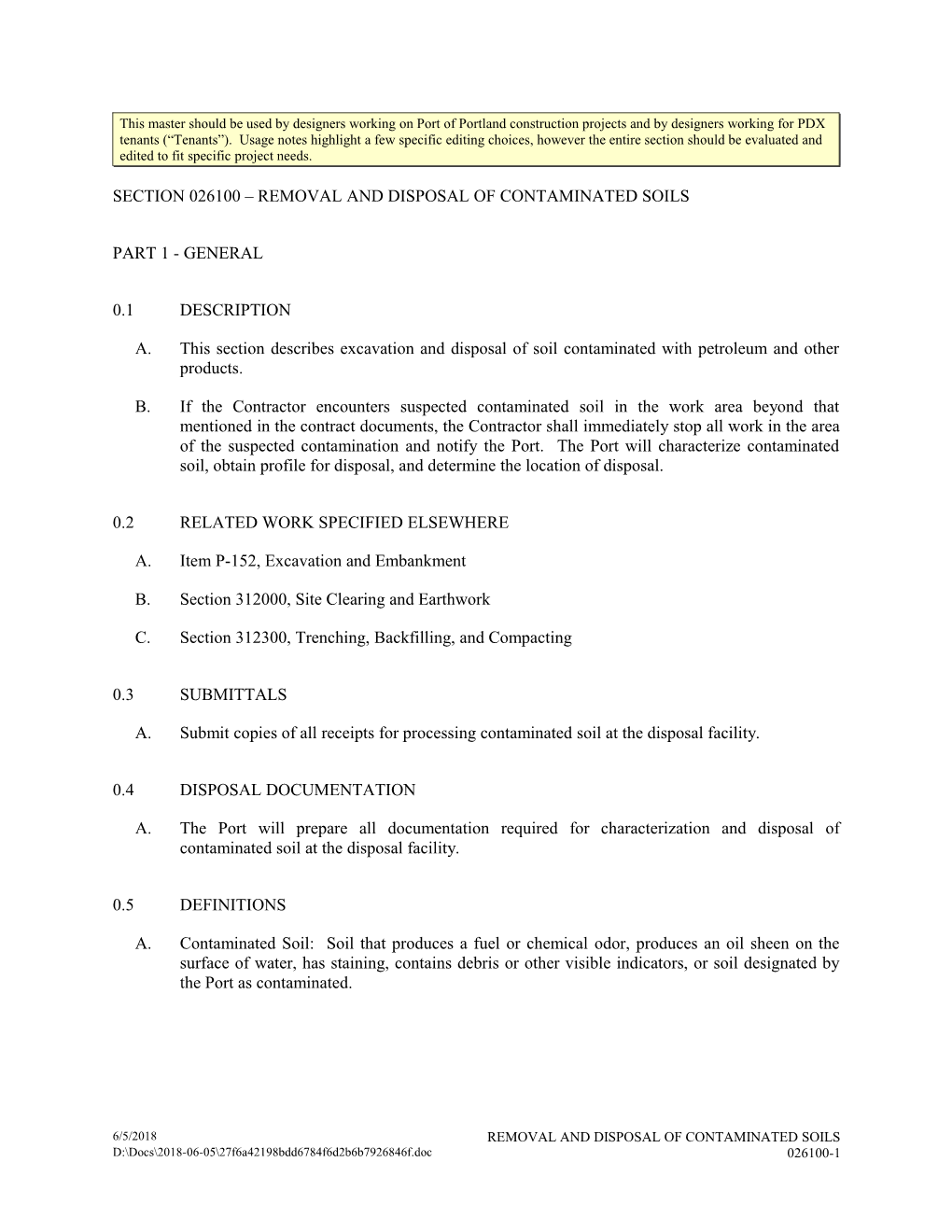 Section 026100 - Removal and Disposal of Contaminated Soils