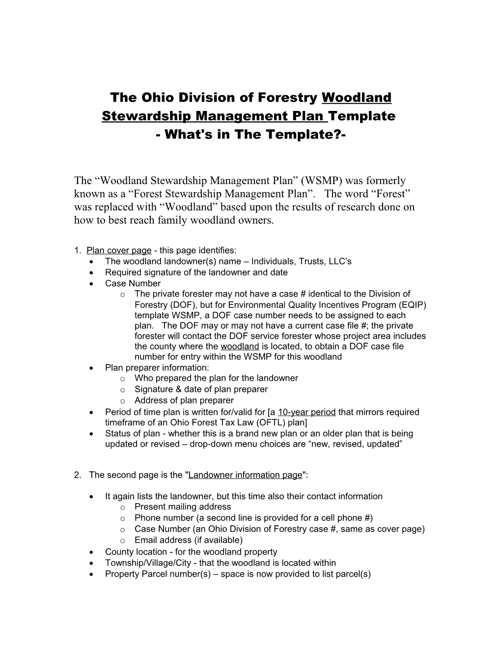 What's in the Woodland Stewardship Management Plan Template