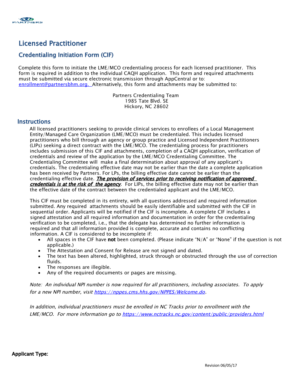 Credentialing Initiation Form (CIF)