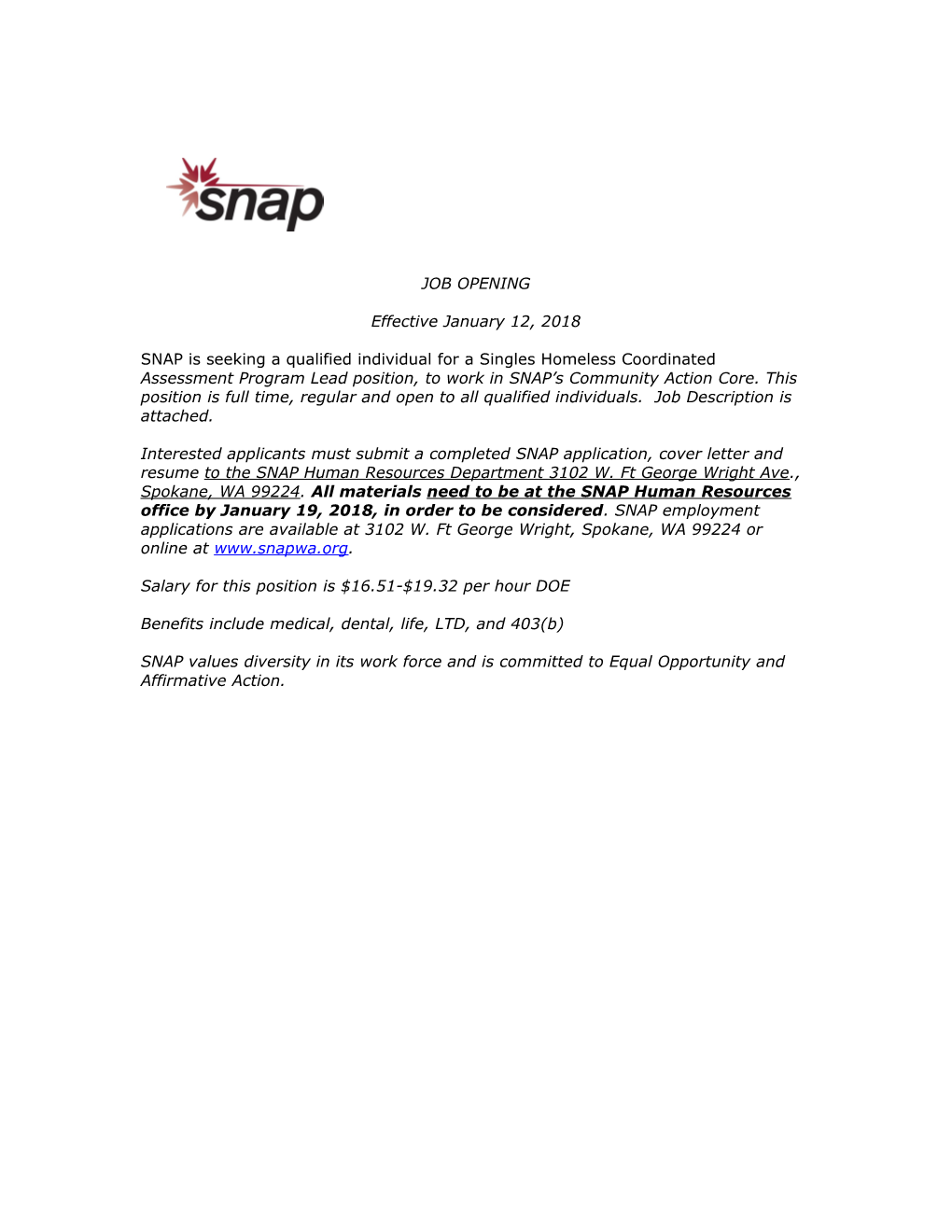 SNAP Is Seekinga Qualified Individual for Asingles Homeless Coordinated