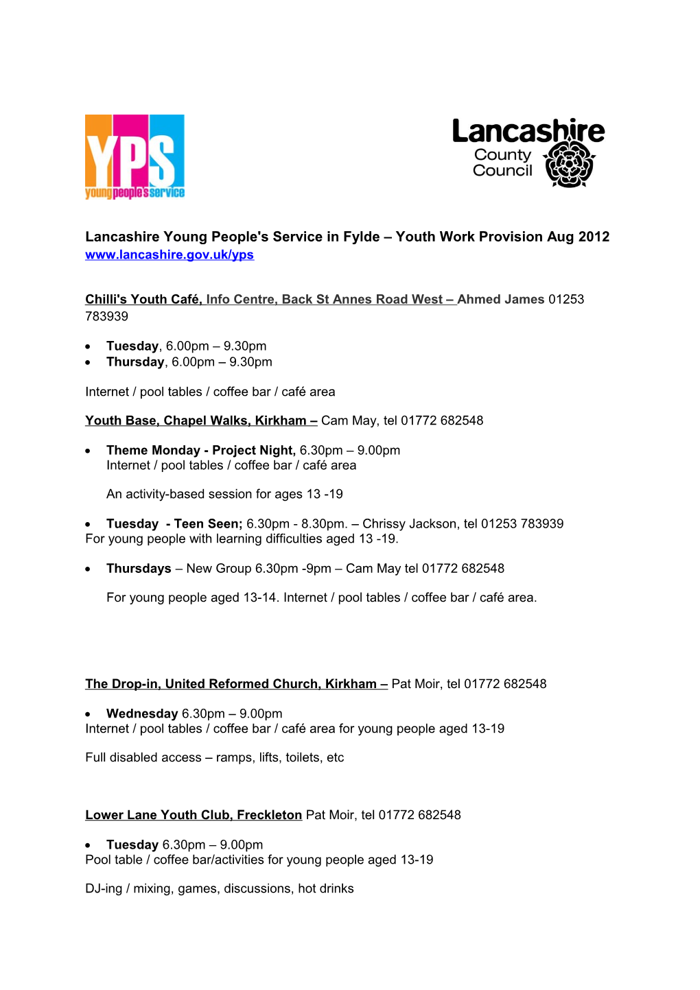 Lancashire Young People's Service in Fylde Youth Work Provision Aug2012