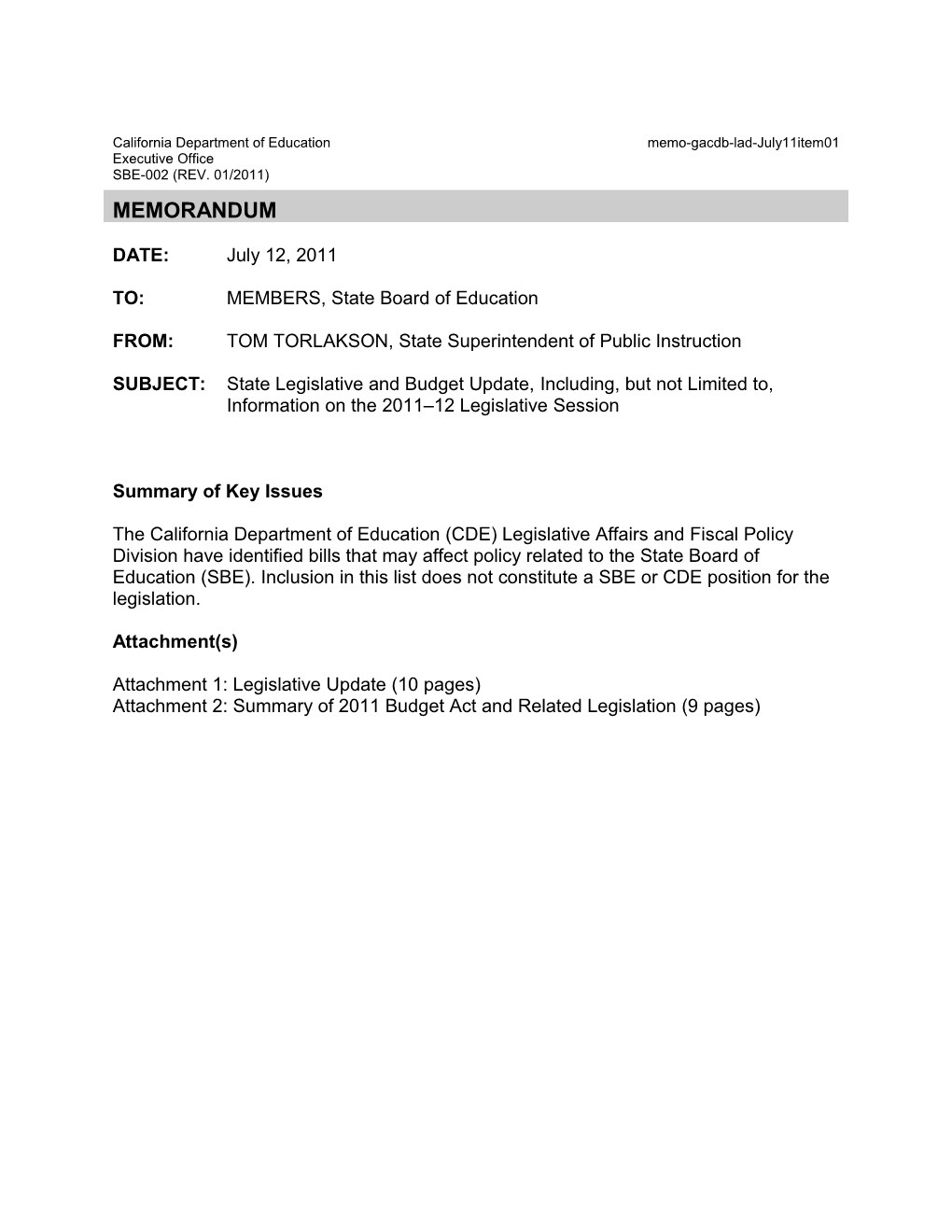 July 2011 Memorandum LAD Item 1 - Information Memorandum (CA State Board of Education)