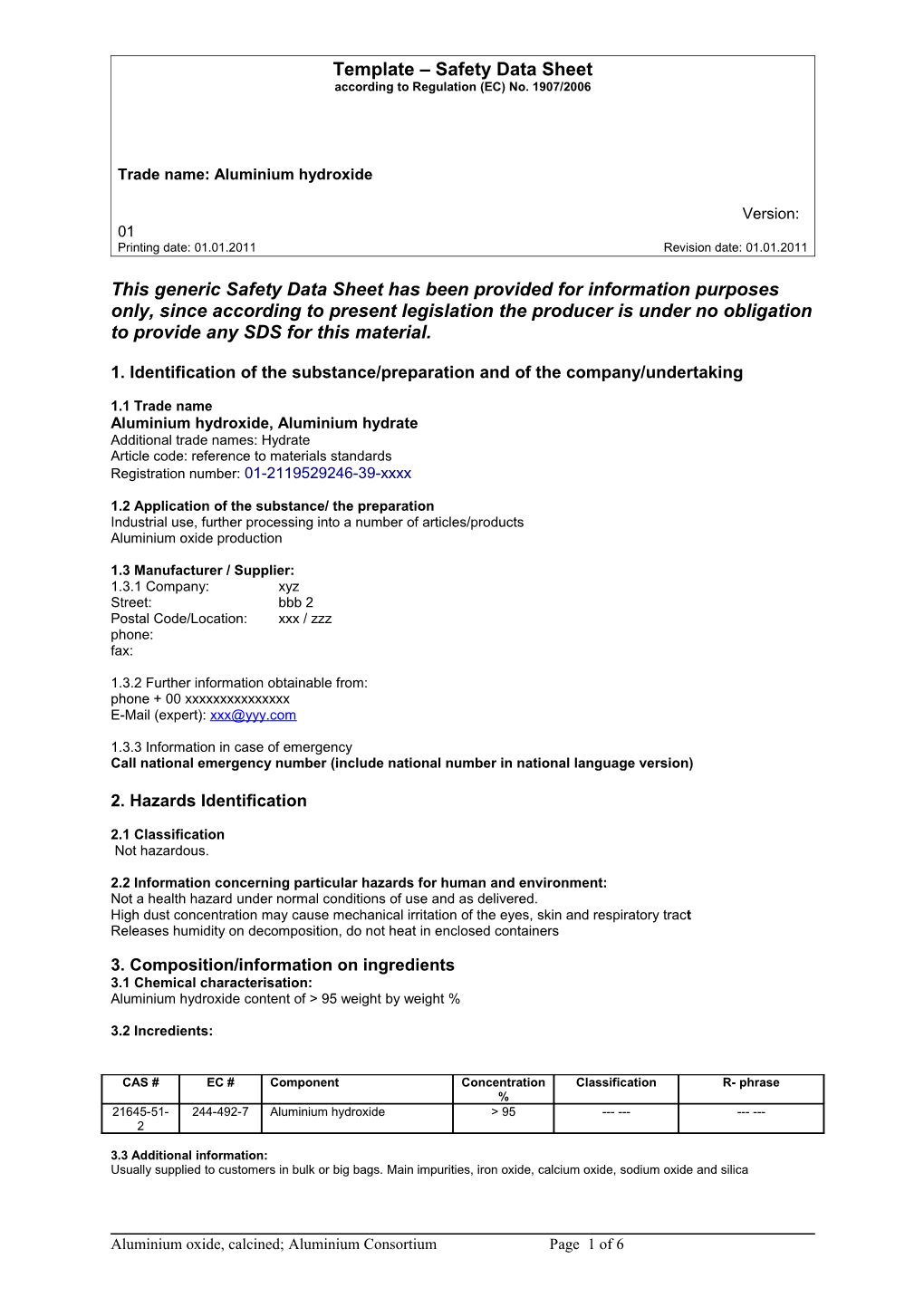 Template Safety Data Sheet