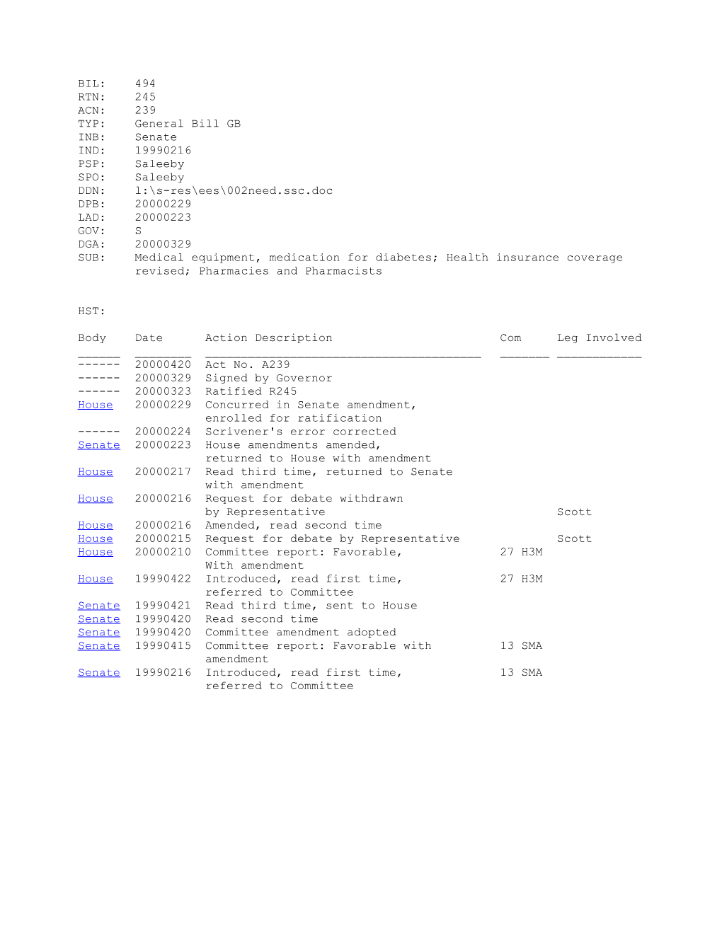 1999-2000 Bill 494: Medical Equipment, Medication for Diabetes; Health Insurance Coverage