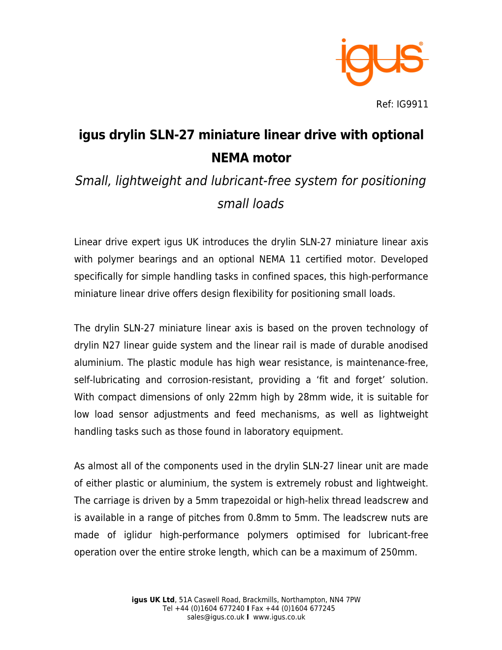 Igus Drylin SLN-27 Miniature Linear Drive with Optional NEMA Motor