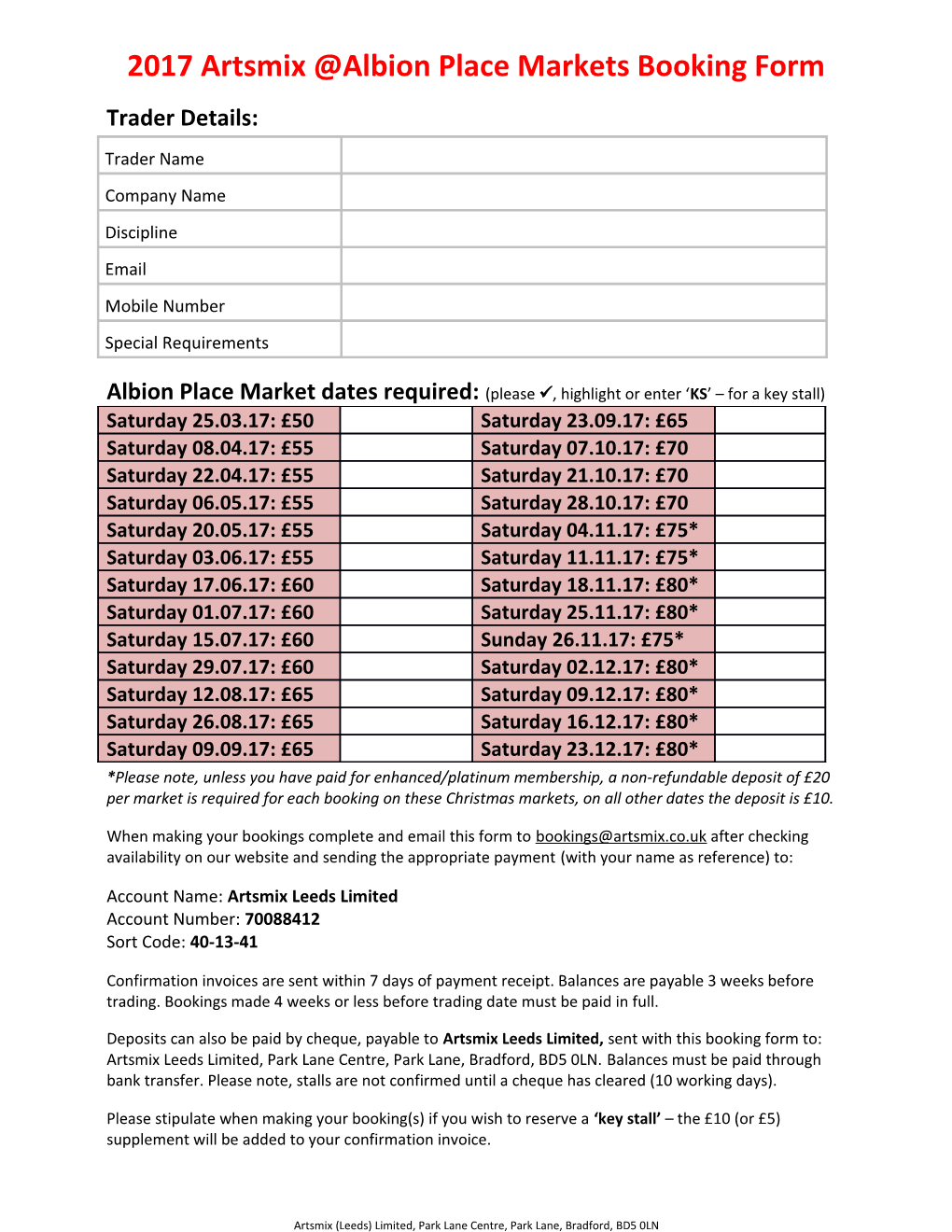 2015 Albion Place Markets Booking Form