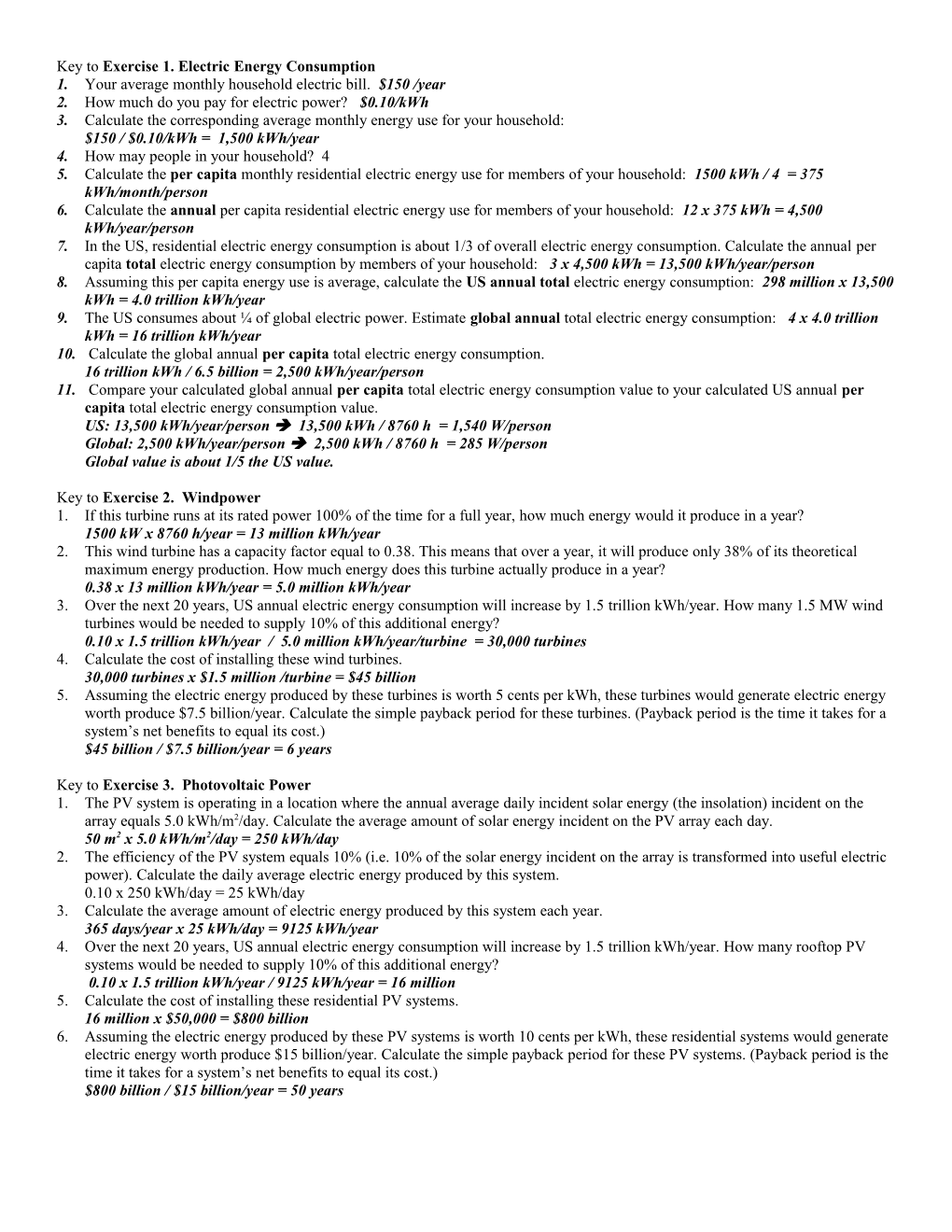 Key to Exercise 1. Electric Energy Consumption