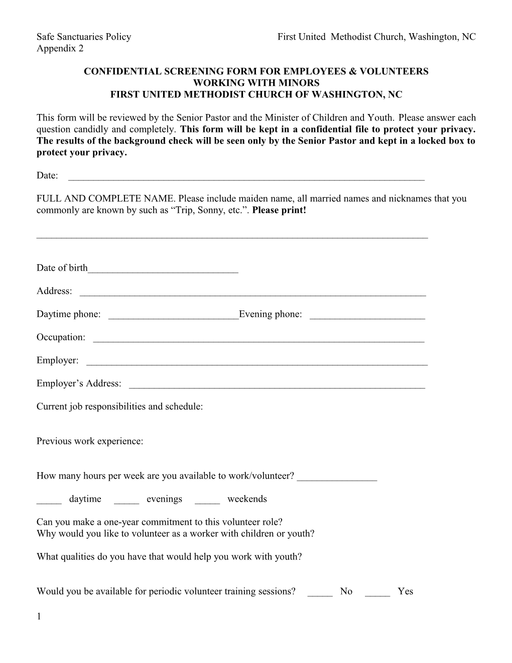 Confidential Screening Form for Employees & Volunteers