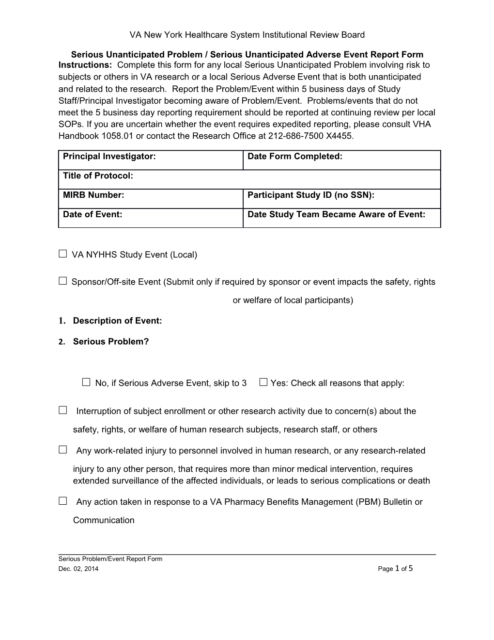 Serious Unanticipated Problem - Serious Unanticipated Adverse Event Report Form