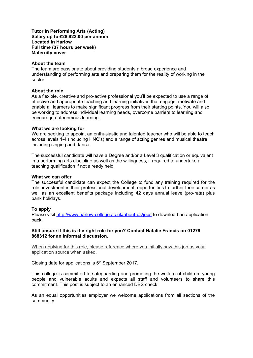 Harlow College Is Seeking to Appoint the Following Staff