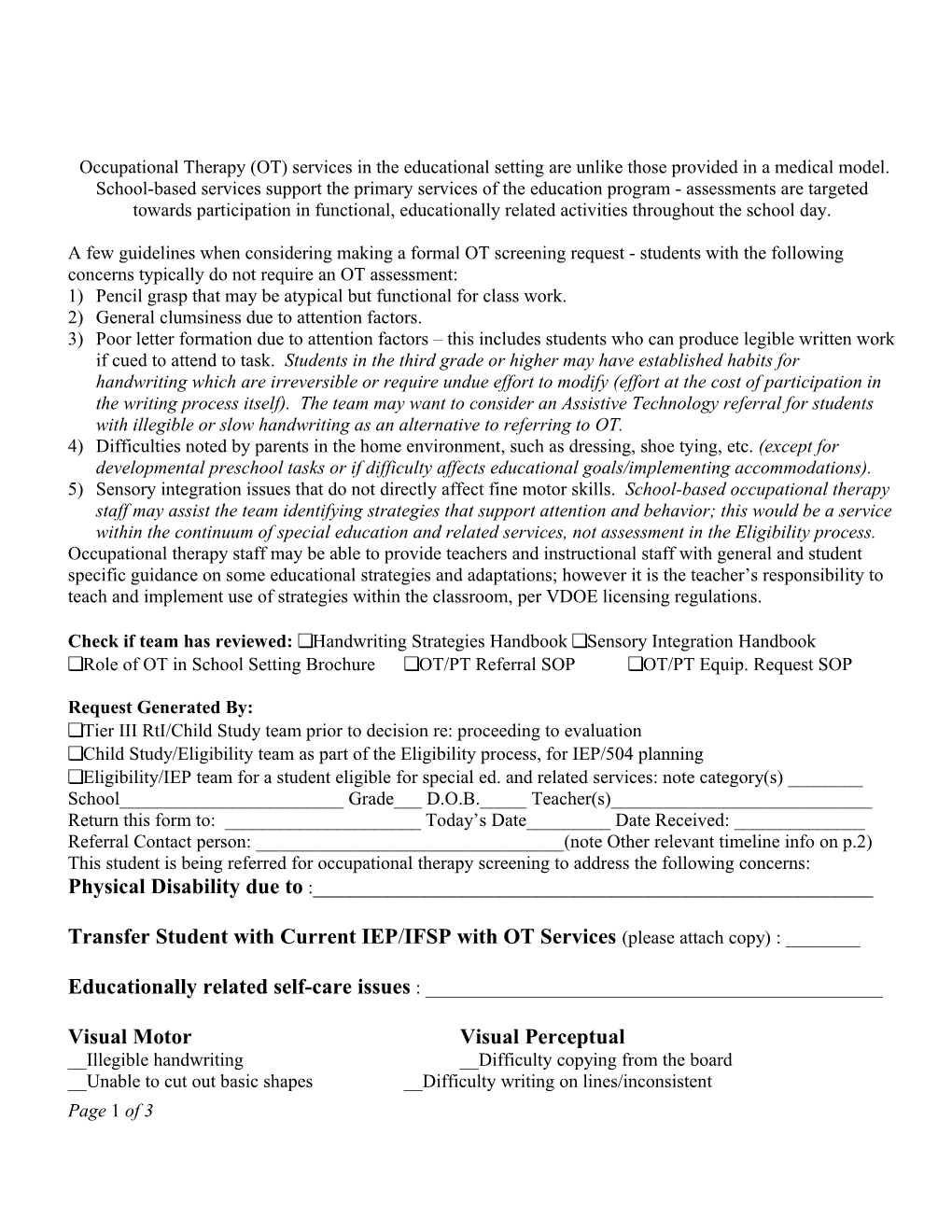 Screening Request for Occupational Therapy