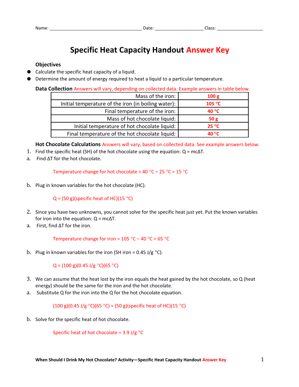 Specific Heat Capacity Handoutanswer Key