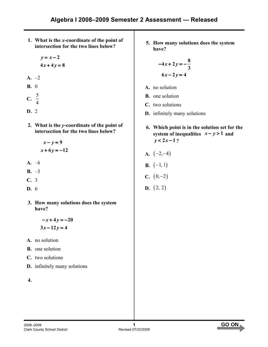 Algebra I 2008 2009 Semester 2 Assessment Released