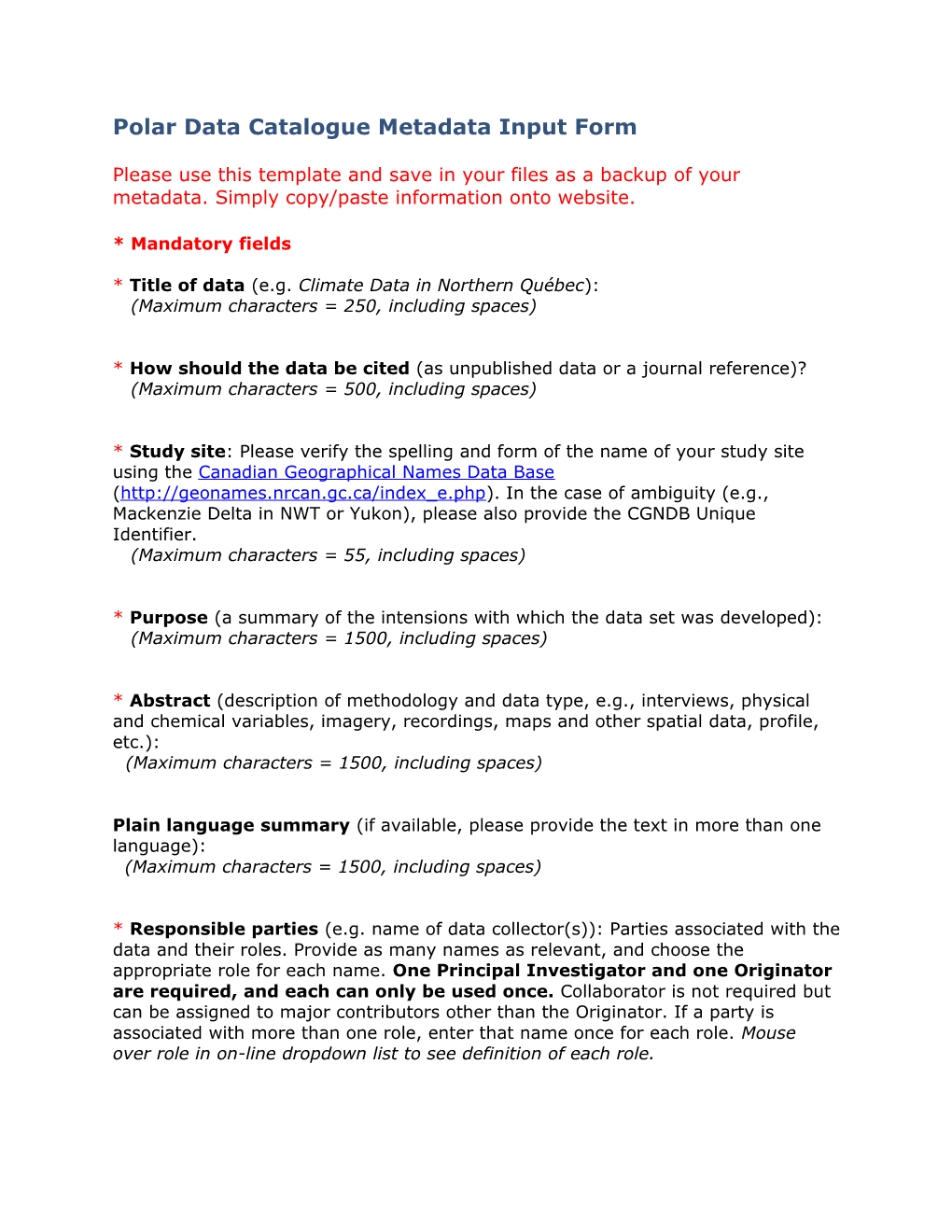 Polar Data Catalogue Metadata Input Form