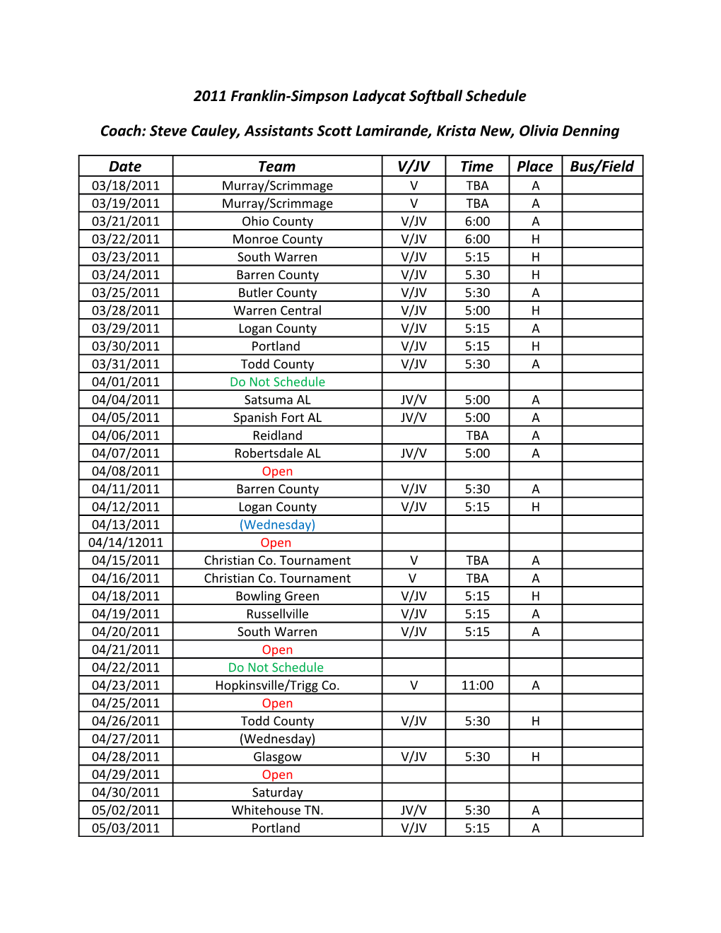 2011 Franklin-Simpson Ladycat Softball Schedule