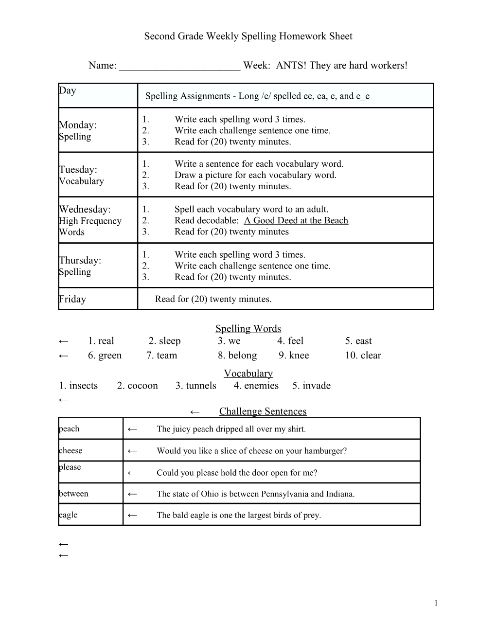 Second Grade Weekly Spelling Homework Sheet