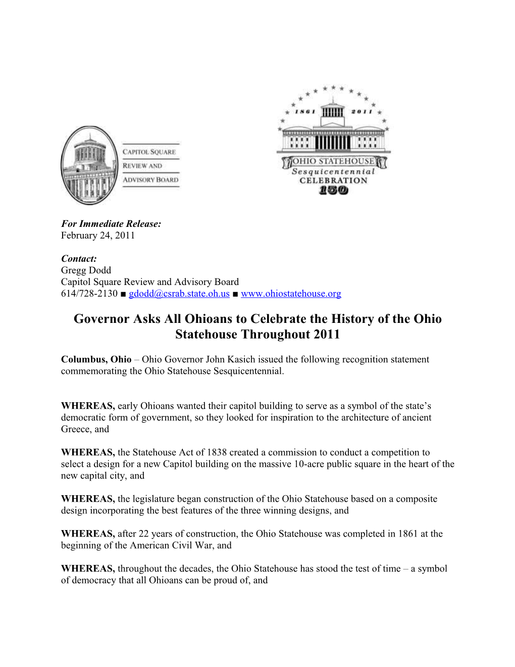 Governor Asks All Ohioans to Celebrate the History of the Ohio Statehouse Throughout 2011