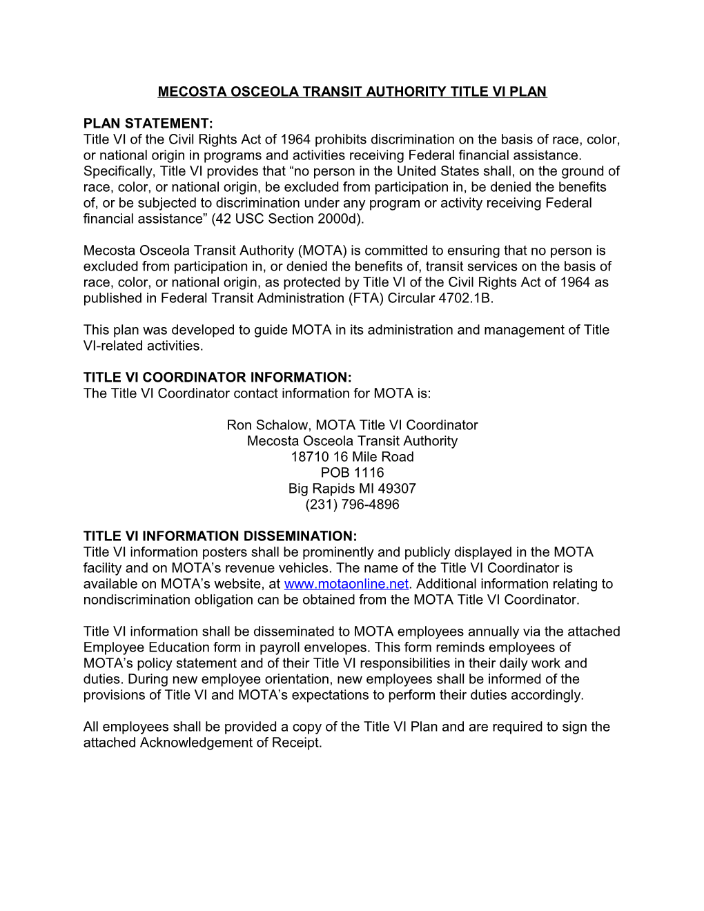 Mecosta Osceola Transit Authority Title Vi Plan