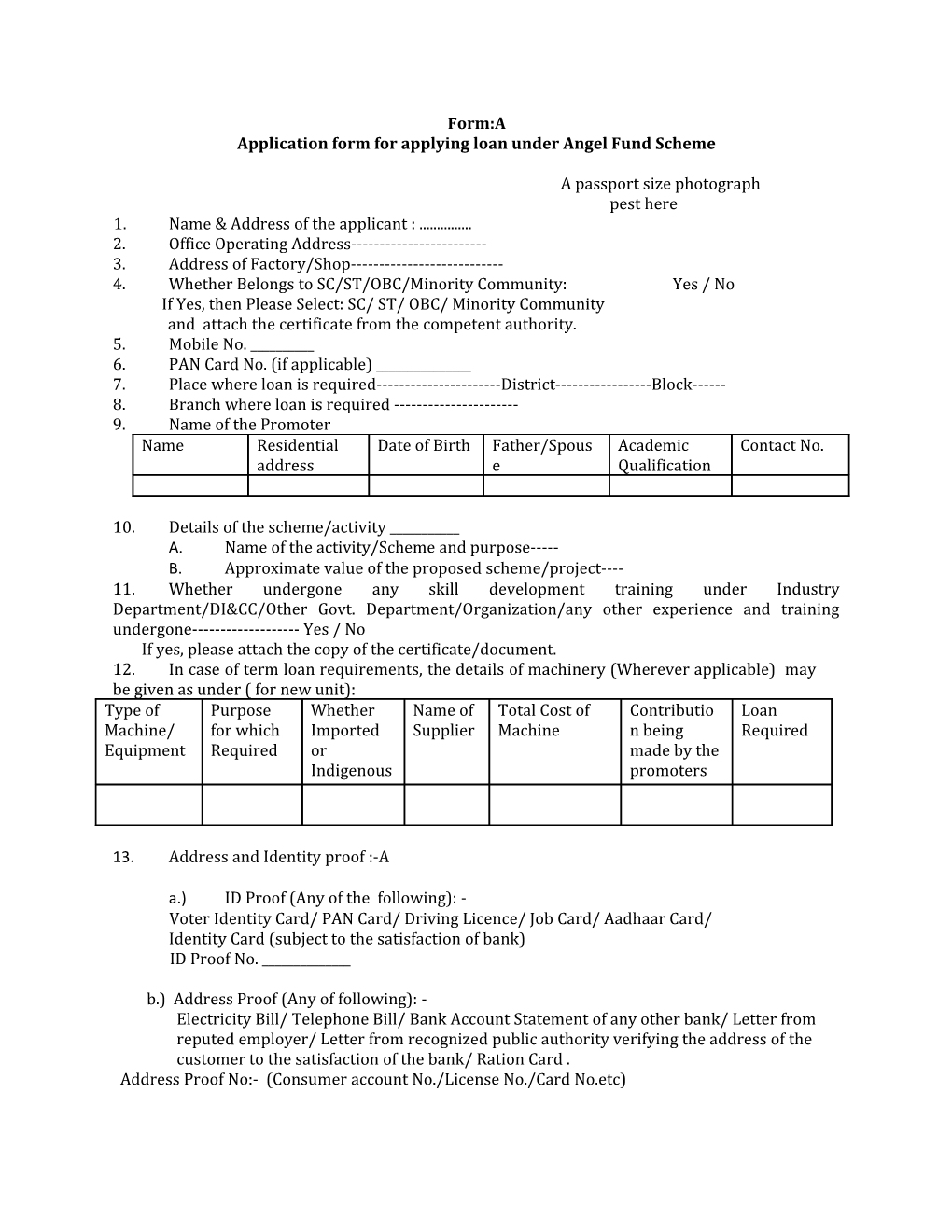 Application Form for Applying Loan Under Angel Fund Scheme