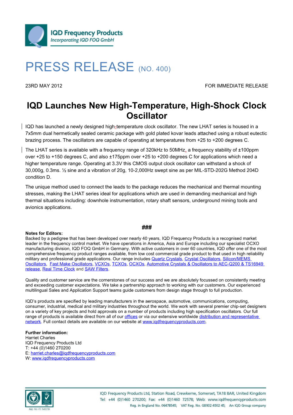 IQD Launches New High-Temperature, High-Shock Clock Oscillator