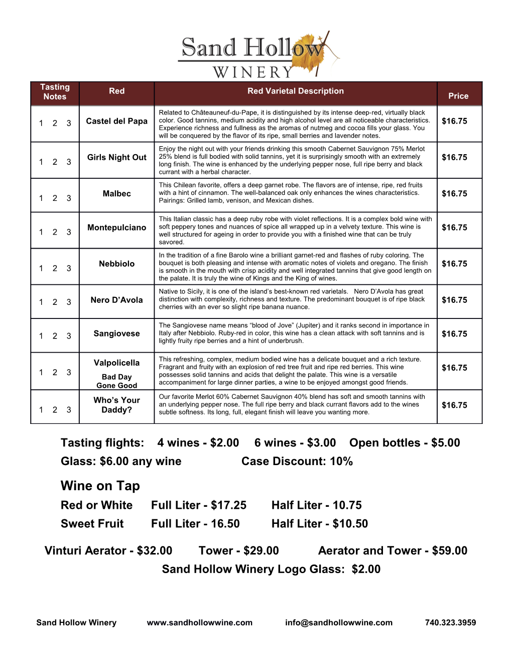 Tasting Flights: 4 Wines - $2.00 6 Wines - $3.00 Open Bottles - $5.00