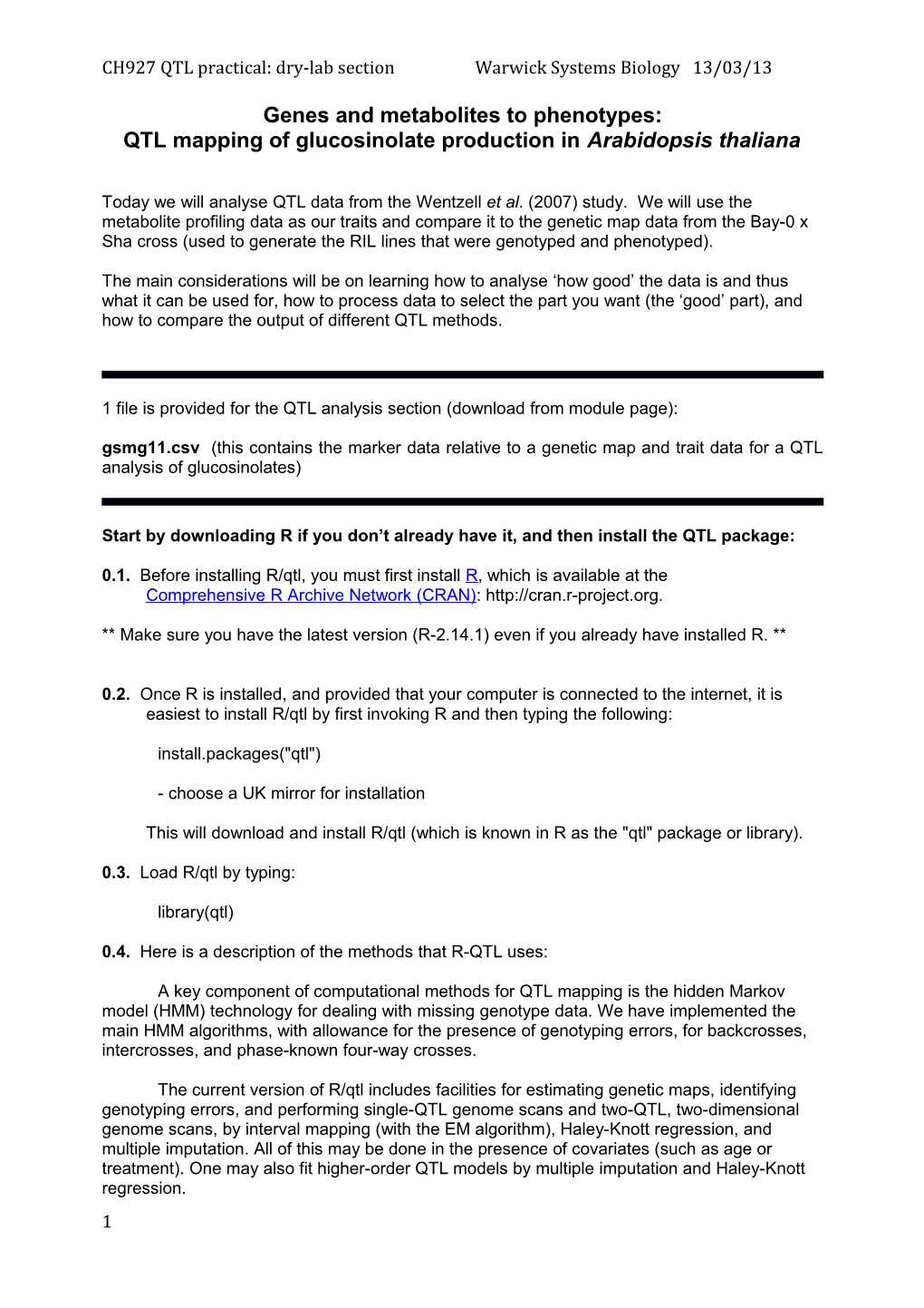 CH927 QTL Practical: Dry-Lab Sectionwarwick Systems Biology 13/03/13