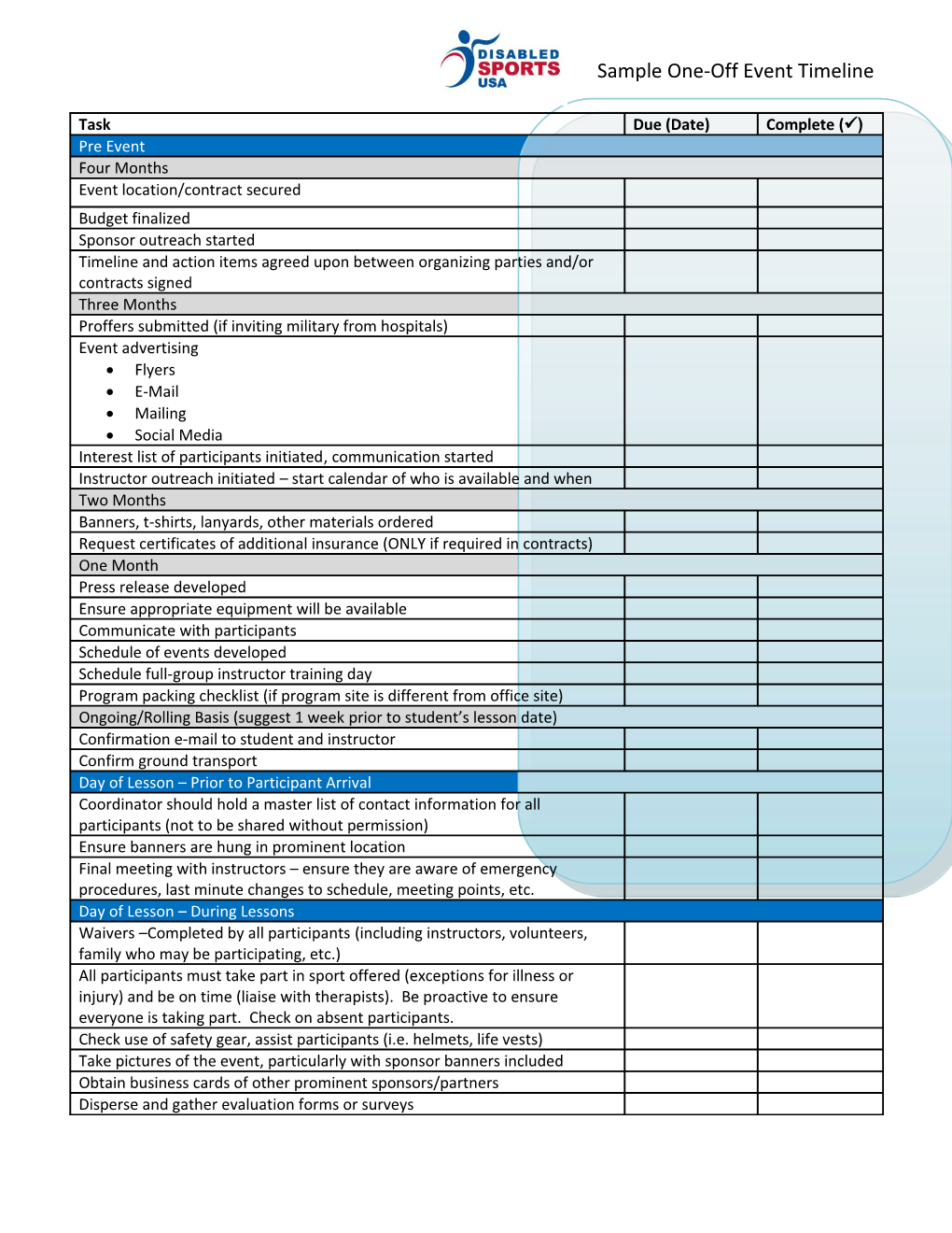 Wounded Warrior Disabled Sports Project Timeline