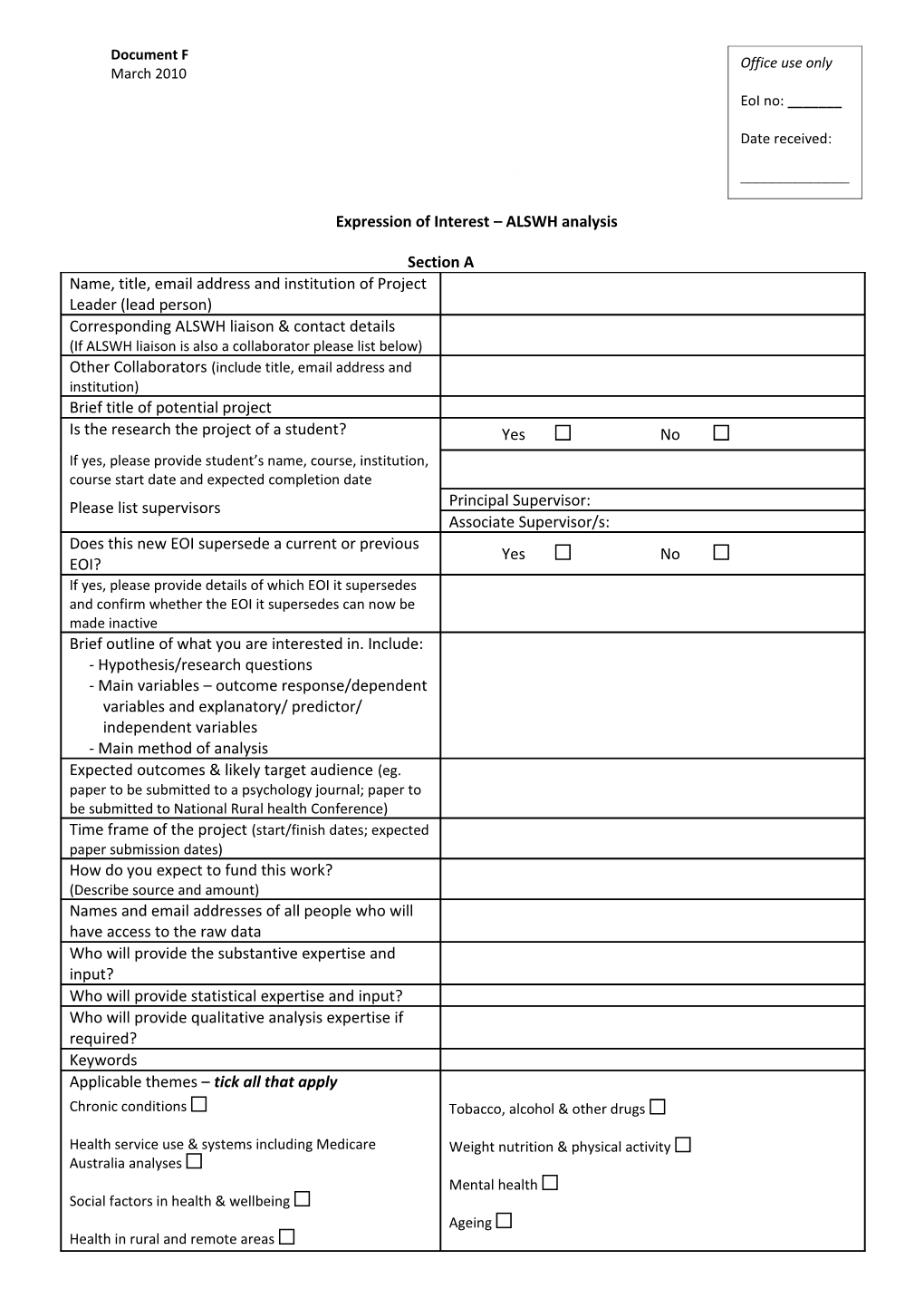 Expression of Interest ALSWH Analysis