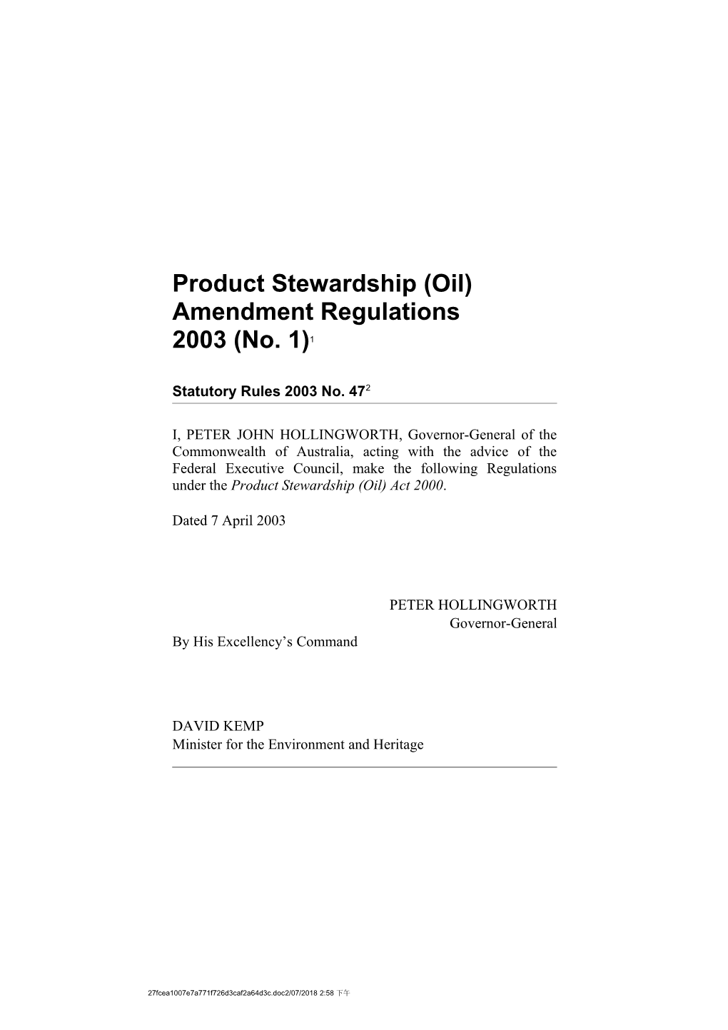 Product Stewardship (Oil) Amendment Regulations 2003(No.1) 1