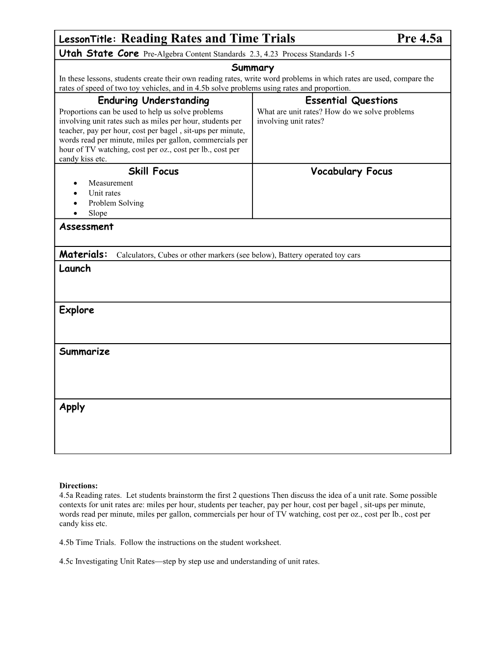 4.5B Time Trials. Follow the Instructions on the Student Worksheet