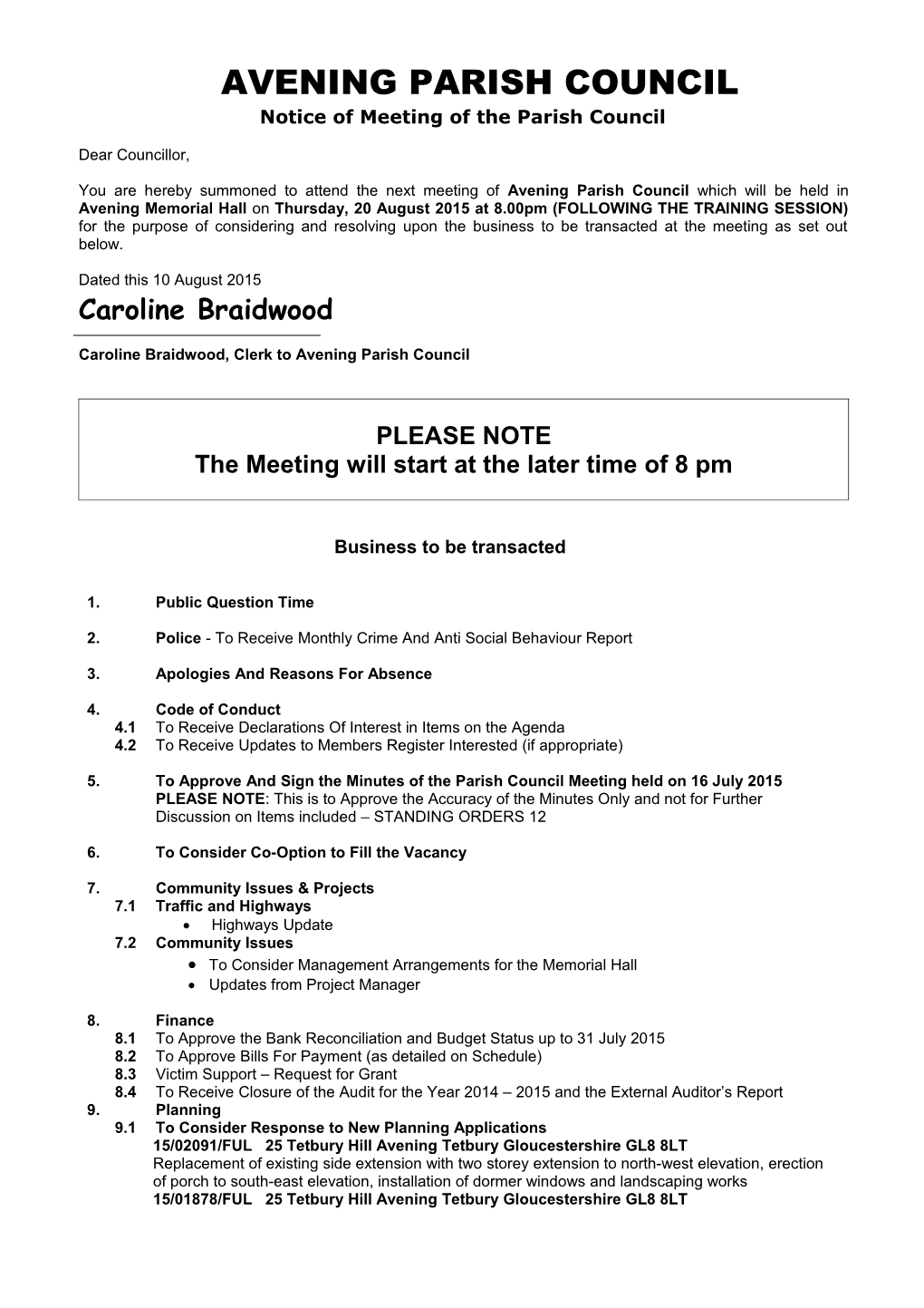 Notice of Meeting of the Parish Council